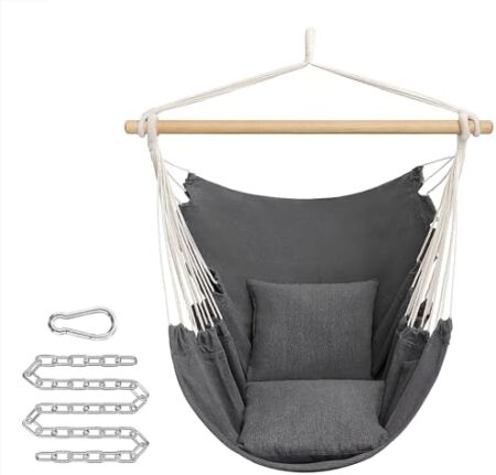 Amazon.de SONGMICS Hängesessel, Hängeschaukel, Hängestuhl mit 2 Kissen, Metallkette, bis 150 kg belastbar, Indoor und Outdoor, Wohnzimmer, Schlafzimmer, anthrazitgrau GDC187G02