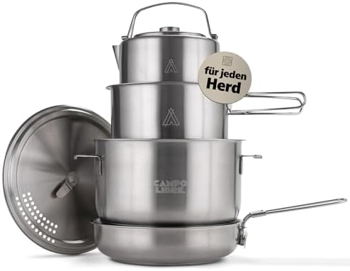 Campo Libre.® Enzo I Camping Kochgeschirr aus Edelstahl I kompaktes Campinggeschirr I Outdoor Kochgeschirr induktionsgeeignet I Camping Topf, Pfanne I perfekt für den Campingkocher I ENZO L  Amazon.de: Sport & Freizeit