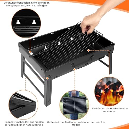 AGM Holzkohlegrill Picknickgrill Edelstahl Kleiner Grill Portable Campinggrill Abnehmbare BBQ Grills für Outdoor Garten Party usw. (52 x 29.5 x 22.2 cm) Amazon.de: Garten - Image 5
