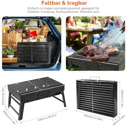 AGM Holzkohlegrill Picknickgrill Edelstahl Kleiner Grill Portable Campinggrill Abnehmbare BBQ Grills für Outdoor Garten Party usw. (52 x 29.5 x 22.2 cm) Amazon.de: Garten - Image 3