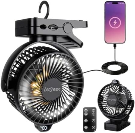 LETREEN Camping Ventilator 15000mAh, Mini USB Ventilator Leise mit LED Licht & Anzeige, 360° Drehung Wiederaufladbarer Tischventilator mit Fernbedienung, Clip Fan für Desktop, Kinderwagen, Büro  Amazon.de: Küche, Haushalt & Wohnen