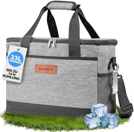 KAEFUYS Kühltasche 33L+14h Kühlung Thermoisoliert Tragbar Faltbar Wasserdicht Groß Picknicktasche für Einkaufen Auto Büro Camping Outdoor Reisen Lebensmitteltransport Proviant Familie Grillen Grau  Amazon.de: Küche, Haushalt & Wohnen