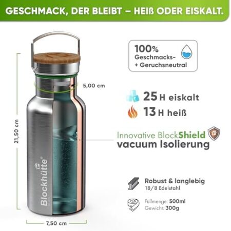 Blockhütte® Premium Stainless Steel Insulated Drinking Bottle, Leak-Proof, travel