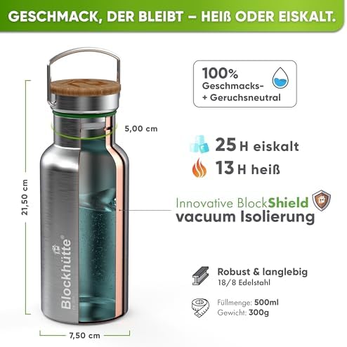 Blockhütte® Premium Stainless Steel Insulated Drinking Bottle, Leak-Proof, travel