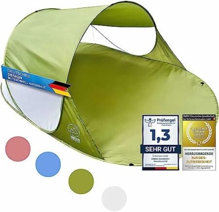 Pop-up Strandmuschel Wurfzelt - UV-Schutz SPF 30+ Automatik Strand-Zelt | Automatik-System Aufbau in Sekunden – Kleines Packmaß, Fiberglas-Gestänge – Windschutz & Sichtschutz – 200x120x85 cm XL Größe  Amazon.de: Sport & Freizeit