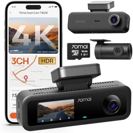 70mai T800E 4K Dash Cam Car 3-Channel, 4K + 1080P + 1080P Front