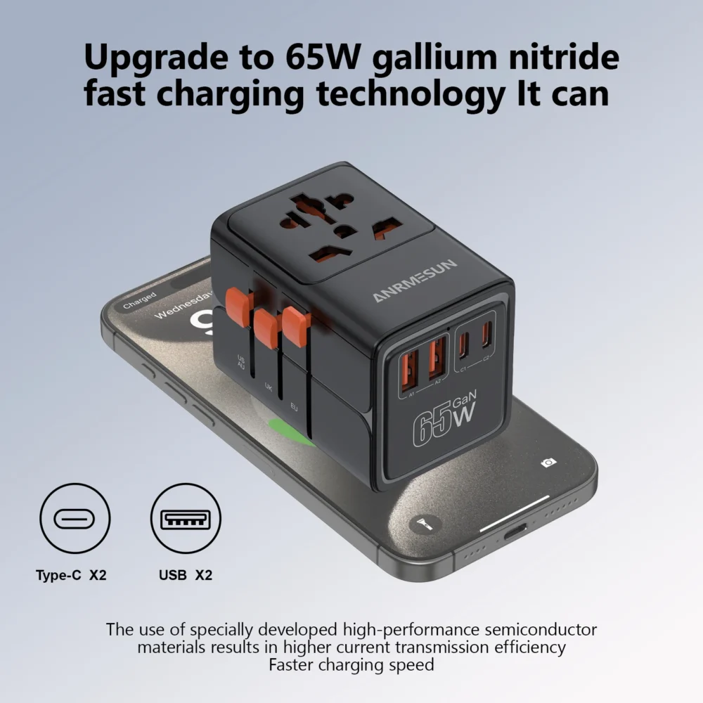 Universal Travel Adapter with 4 AC Outlets Max 2400W 2 USB Port 2 Type-C PD 65W Ports All-in-One Fast Charging EU UK US AUS Plug