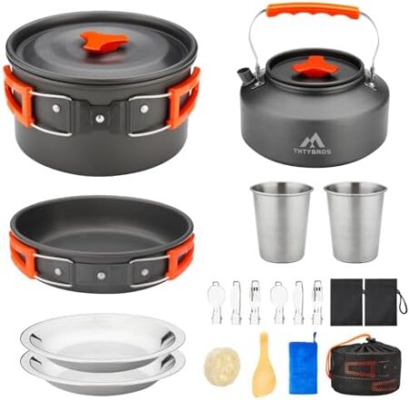 17 teiliges Camping Kochgeschirr Set, 0,45 Gal Topf, 7 Zoll Pfanne, 0,30 Gal Kochtopf-Set mit 2 Stahlbechern, Messern und Löffeln für Wandern Amazon.de: